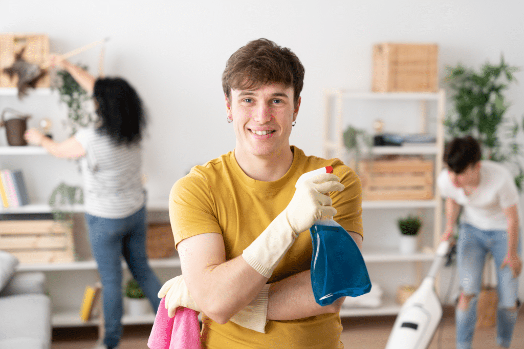 Man enjoying a spring time cleaning with his family.